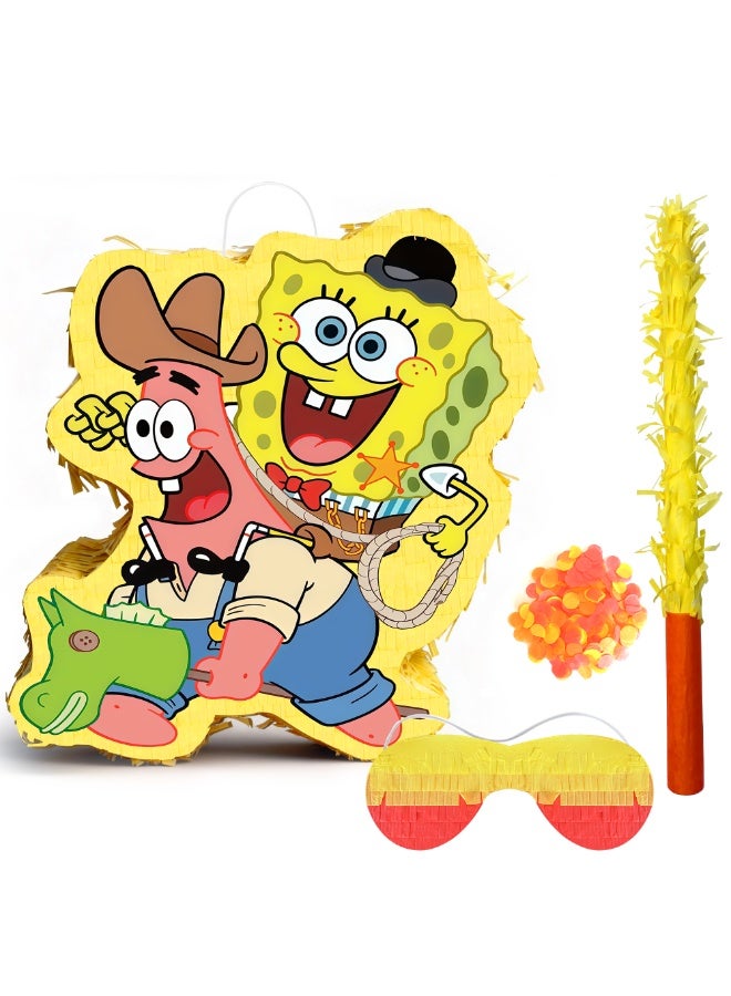 ILovhaprty Spongebob Pinata, Large SpongeBob and Patrick Star designs Party Pinata Bundle - Bikini Bottom Party Game Decorations Blindfold & Party Stick etc Spongebob Pinata Birthday Party Supplies - Image 1